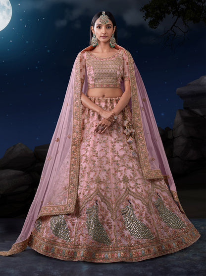 Rajwada Pink Embroidered Soft Net Semi Stitched Lehenga With Blouse For Women