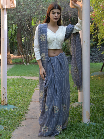 Rajwada Grey Embroidered Simmar Saree with Unstitched Blouse for Women