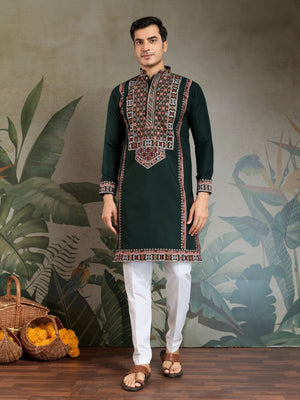 Rajwada Green Viscose Silk Embroidered Stitched Kurta For Men