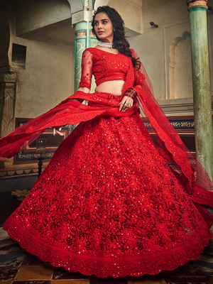 Rajwada Women Red Embroidered Soft Net Semi Stitched Lehenga With Unstitched Blouse