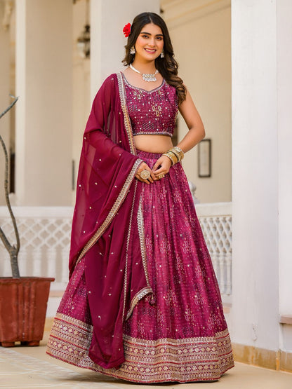 Rajwada Pink Georgette  Digital Printed With Sequins Work Stitched lehenga For Women