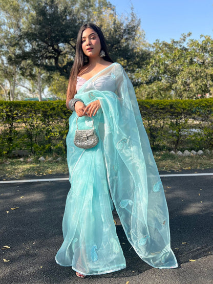 Rajwada Light Blue Organza Embroidered Saree With Unstitched Blouse For Women