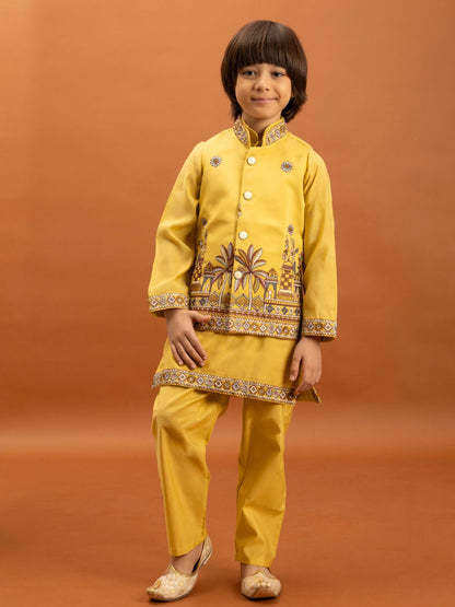 Rajwada Yellow Viscose Silk Embroidered Stitched Kurta Set For Kids
