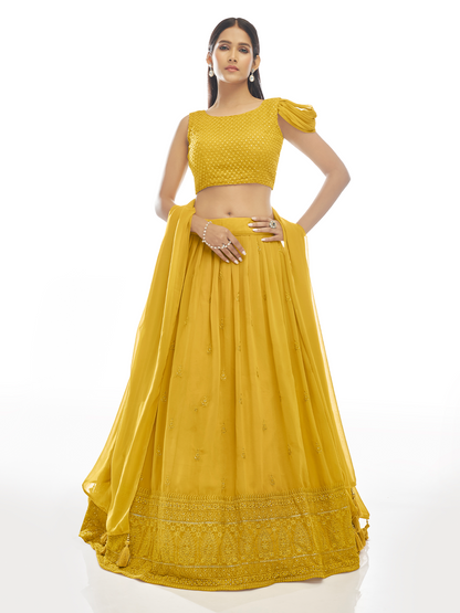 Rajwada Mustard Embroidered Georgette Semi Stitched Lehenga With Unstitched Blouse For Women