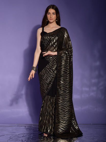 Rajwada Black Embellished Georgette Saree With Unstitched Blouse For Women
