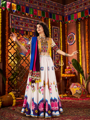 Rajwada White Silk Blend Printed Semi-Stitched Lehenga For Women