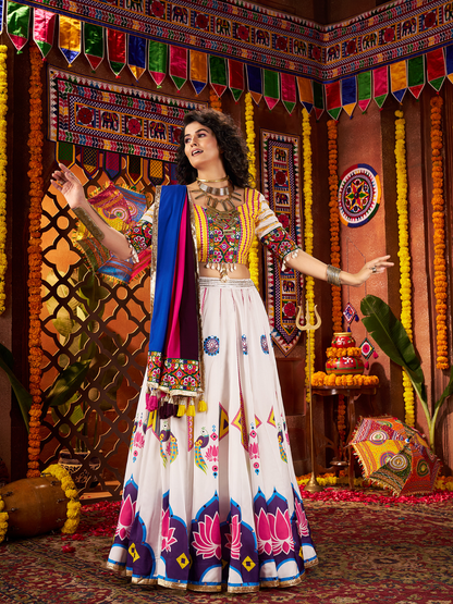 Rajwada White Silk Blend Printed Semi-Stitched Lehenga For Women