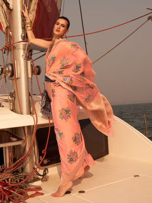 Rajwada Peach Chinon Woven Saree With Unstitched Blouse for Women