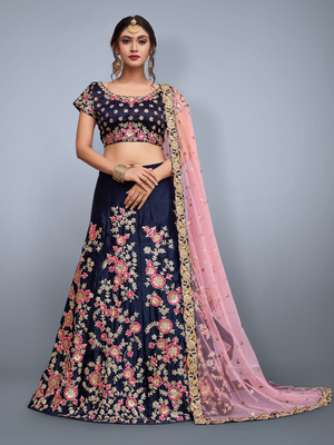 Rajwada Women Dark Blue Embroidered Velvet Silk Semi Stitched Lehenga With Unstitched Blouse