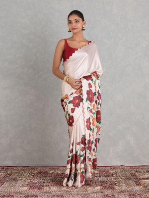 Rajwada Off White Satin Solid Printed Saree For Women