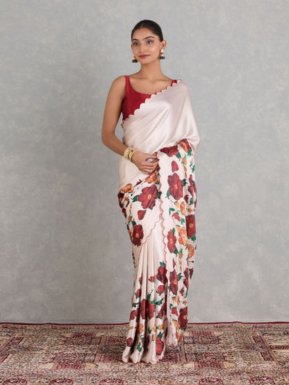 Rajwada Off White Satin Solid Printed Saree For Women