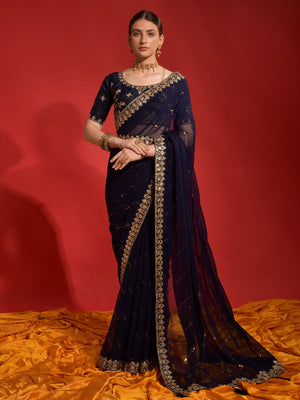 Rajwada Navy Blue Embroidered Georgette Saree With Unstitched Blouse For Women