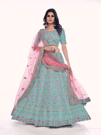 Rajwada Blue Embroidered Silk Blend Semi Stitched Lehenga With Blouse For Women