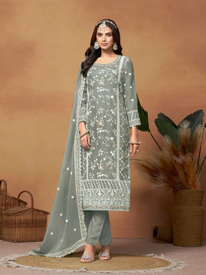 Rajwada Grey Embroidered Semi Stitched Kurta Set For Women