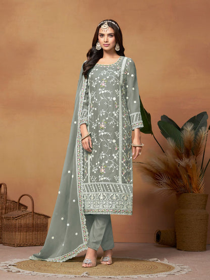 Rajwada Grey Embroidered Semi Stitched Kurta Set For Women