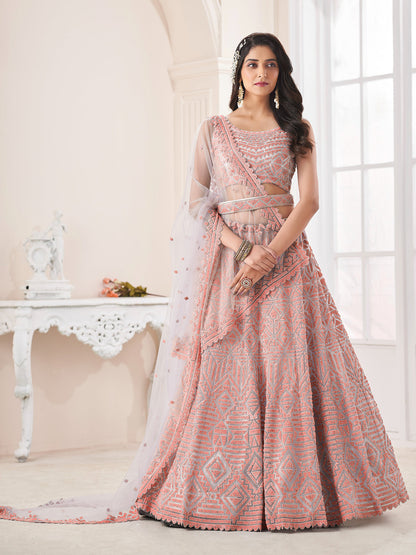 Rajwada Peach and Grey Net Embellished Semi Stitched Lehenga With Unstitched Blouse for Women
