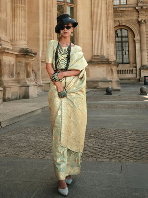 Rajwada Green Silk Blend Woven Saree With Unstitched Blouse For Women
