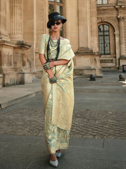 Rajwada Green Silk Blend Woven Saree With Unstitched Blouse For Women