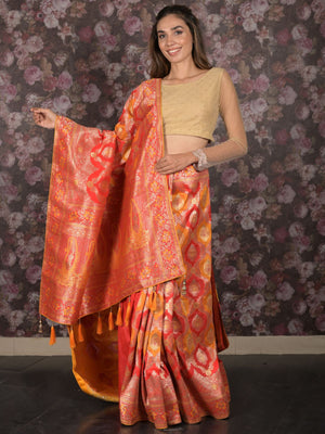 Rajwada Yellow and Red Woven Banarasi Silk Saree with Unstitched Blouse for Women