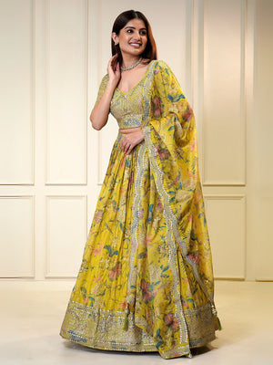 Rajwada Yellow Organza Printed Stitched Lehenga For Women