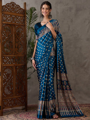 Rajwada Teal Blue Silk Blend Printed Elegant Saree For Women