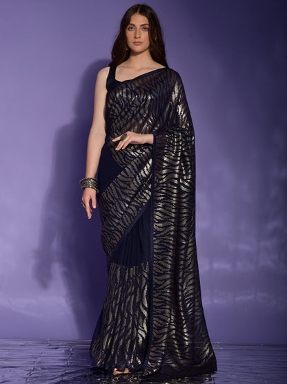 Rajwada Navy Blue Embellished Georgette Saree With Unstitched Blouse For Women