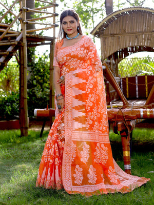 Rajwada Orange Cotton Blend Woven Saree With Unstitched Blouse For Women