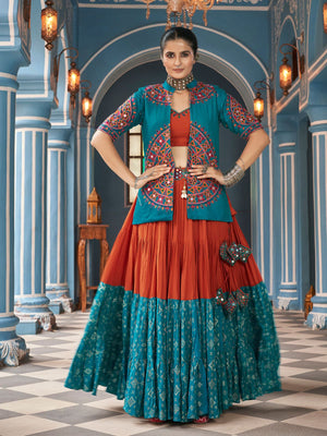 Rajwada Orange And Blue Viscose Rayon Stitched Lehenga Set For Women