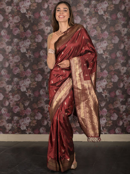 Rajwada Maroon Woven Silk Blend Saree with Unstitched Blouse for Women