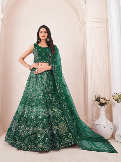 Rajwada Green Net Embroidered Semi Stitched Lehenga With Unstitched Blouse for Women