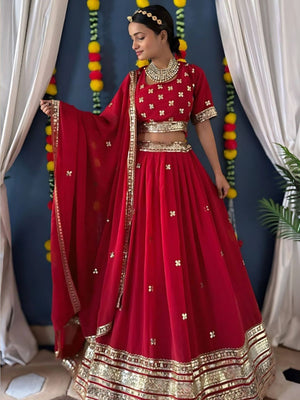 Rajwada Red Georgette Embellished Semi-Stitched lehenga For Women