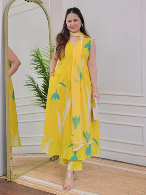 Rajwada Yellow Rayon Printed Stitched Kurta Set For Women