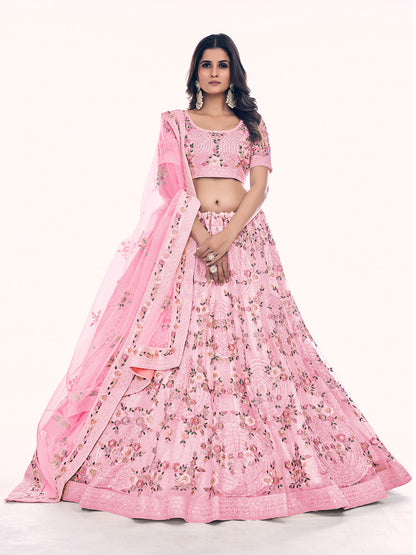 Rajwada Pink Embroidered Soft Net Semi Stitched Lehenga With Blouse For Women