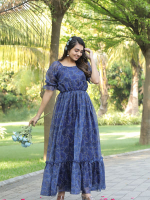 Rajwada Dark Blue Georgette Stitched Printed Indo Western Dress For Women