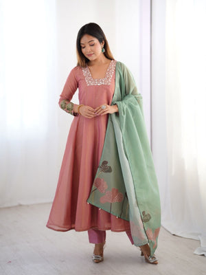 Rajwada Pink Silk Blend Embroidered Stitched Kurta Set For Women