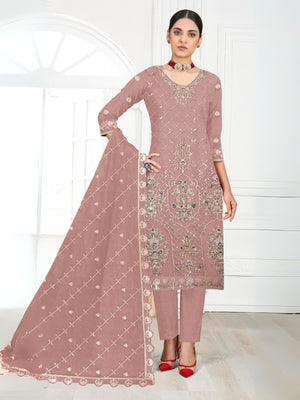 Rajwada Peach Georgette Embellished Semi-Stitched Kurta Set For Women