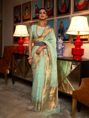 Rajwada Green Silk Blend Woven Saree With Unstitched Blouse for Women