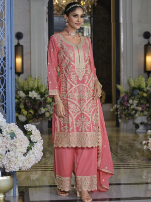 Rajwada Pink Chinon Embroidered Semi-Stitched Kurta Set For Women
