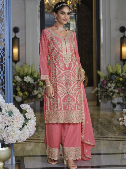 Rajwada Pink Chinon Embroidered Semi-Stitched Kurta Set For Women