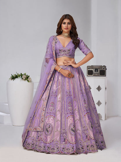Rajwada Lavender Silk Blend Embroidered Semi-Stitched Lehenga For Women