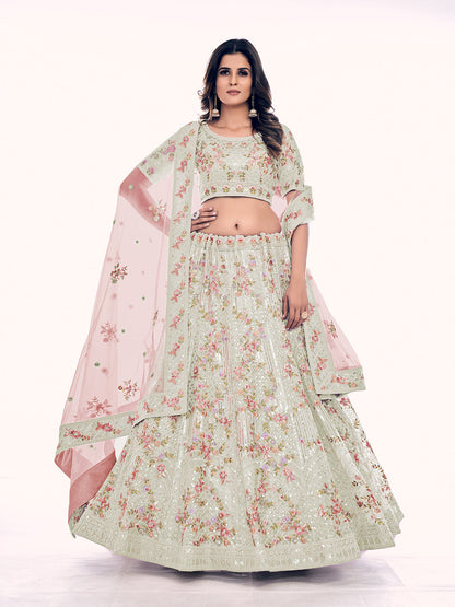 Rajwada Cream Embroidered Soft Net Semi Stitched Lehenga With Blouse For Women