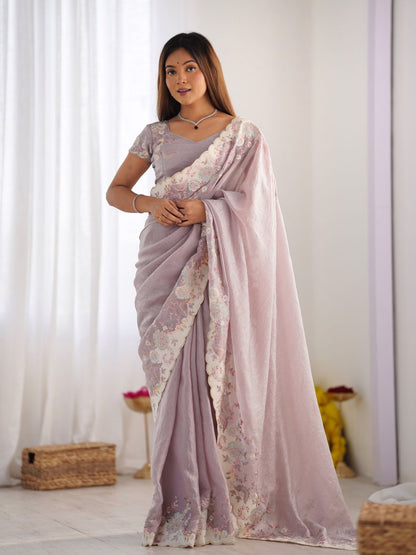 Rajwada Light Pink Crush Embroidered Saree With Unstitched Blouse For Women