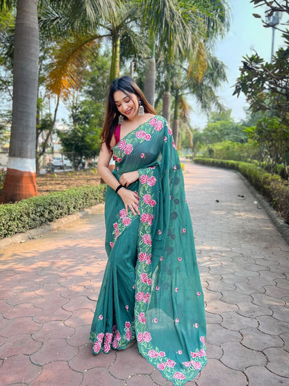 Rajwada Green Organza Embroidered Saree With Unstitched Blouse For Women