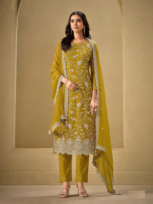 Rajwada Mustard Chinon Embroidered Semi-Stitched Kurta Set For Women