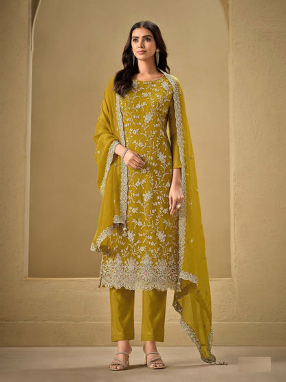 Rajwada Mustard Chinon Embroidered Semi-Stitched Kurta Set For Women