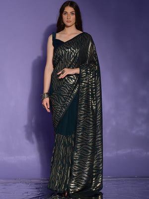 Rajwada Teal Embellished Georgette Saree With Unstitched Blouse For Women