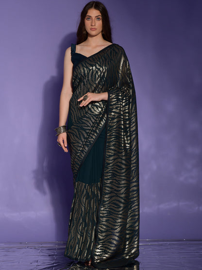 Rajwada Teal Embellished Georgette Saree With Unstitched Blouse For Women