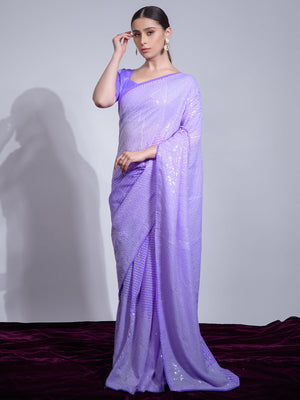 Rajwada Purple Embellished Georgette Saree With Unstitched Blouse For Women