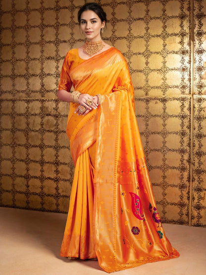 Rajwada Mustard Silk Blend Woven Pithani Saree For Women