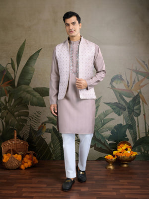 Rajwada Lavender Silk Blend Embellished Kurta For Men